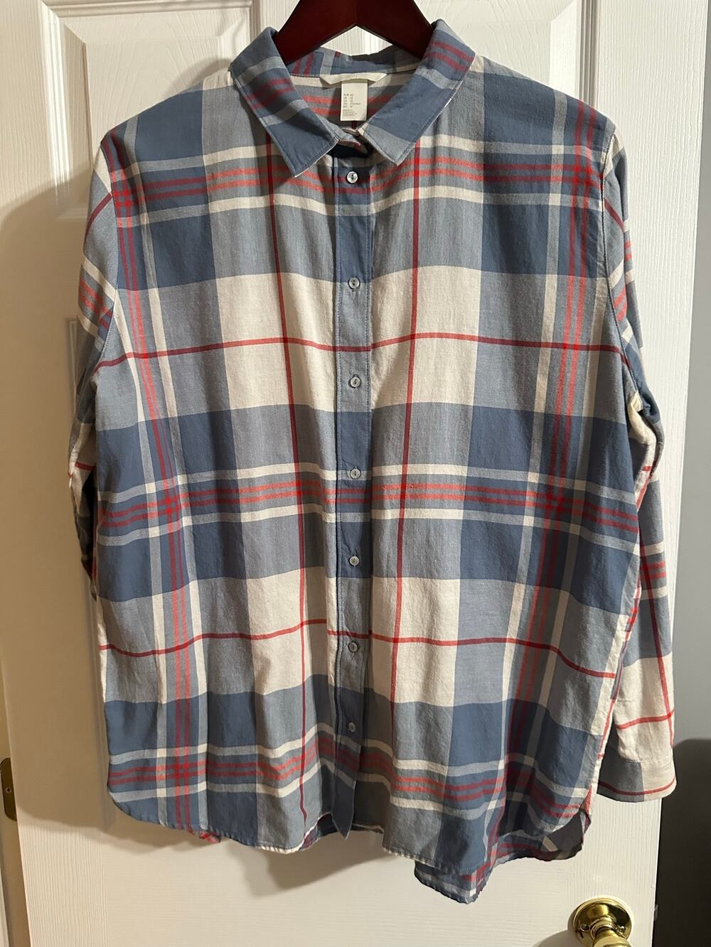 H&M Blue Grey Orange Plaid Button Down Shirt Size 12 Large